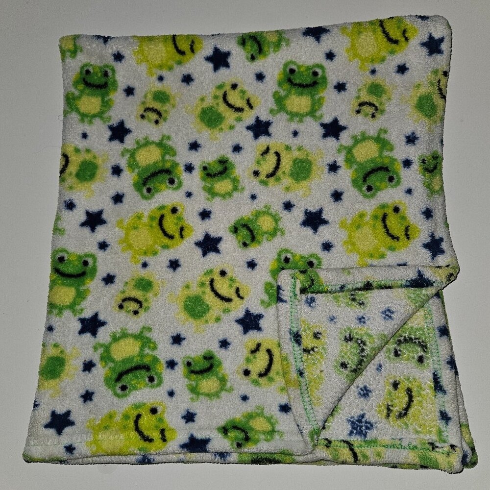Cutie Pie Green Frog Fleece Baby Blanket Lovey Boy Girl Blue Star READ AS IS